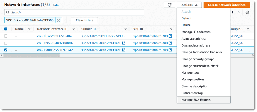  Manage ENA Express from the Actions menu