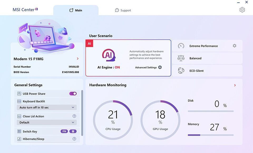 MSI AI Engine in MSI Center S