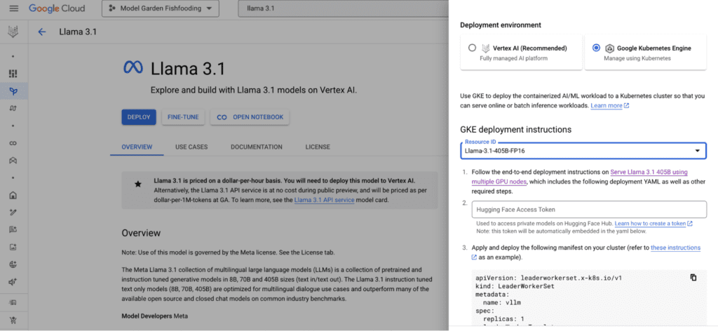The Llama 3.1 405B FP16 model in Vertex AI model garden