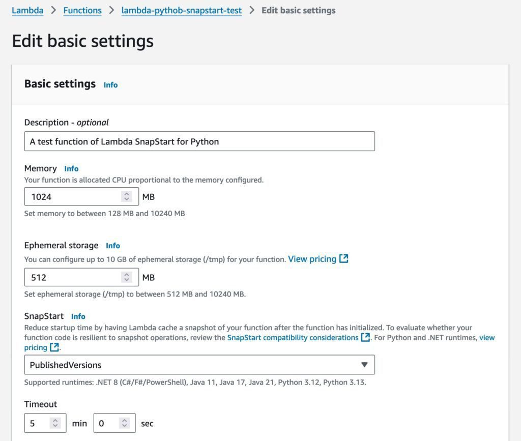 SnapStart settings on the Edit basic settings page